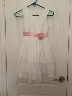Jona Michelle Girls Lace & Tulle Party Dress Size 7 White Pink Flower Girl